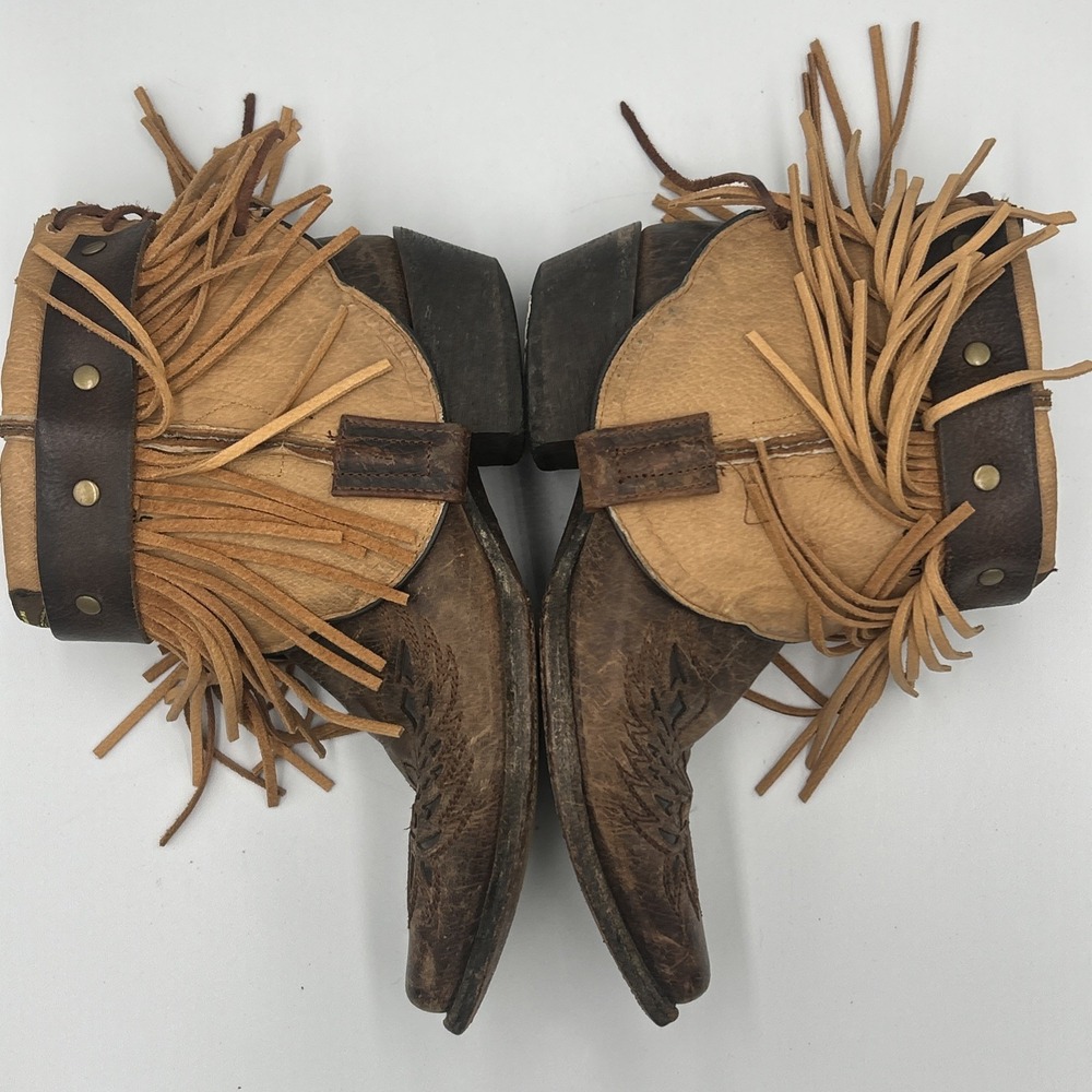 JB Dillion Snip Toe Cross Inlay Fringe Cowgirl Brown Leather Lace Up Western 9B - Picture 7 of 12